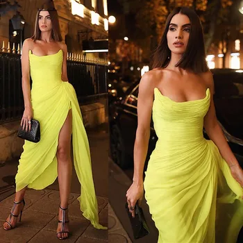 Moda Sarı Tarak Boyun Pilili Gece Elbisesi Saten Kapalı Omuz Kolsuz Balo Elbise Seksi 2022 Yeni Stil Parti Elbise Vestidos