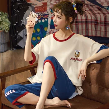 Yaz Pijama Kadın Pamuk Kısa Kollu Leisurewear Buzağı uzunlukta Pantolon Sonbahar Ev Tekstili Seti