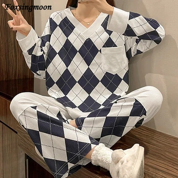 Kadın Pijama 2022 Yeni Sonbahar Uzun Kollu Pijama Seti Ekose Baskı Pijama Kadın Ev Kıyafeti Hedging V Yaka Artı Boyutu