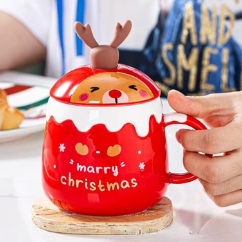 Yaratıcı Noel Güzel Geyik Kupa Hediye Fincan Kaşık kapaklı Ofis Kahve Fincanı Sevimli Süt Kahve Suyu Drinkware Yılbaşı Hediyeleri