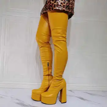 Süper Yüksek Topuk Platformu Çizmeler Sarı Yuvarlak Ayak Kalın Taban Yüksek Tıknaz Topuk Moda Kadın Diz Çizmeler Üzerinde Büyük Boy 47