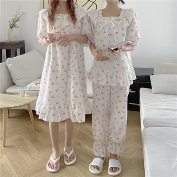 Yaz Kısa Kollu Kadın Pijama Seti Kırık Güzel Pijama Uyku Elbise Rahat Sevimli Dantel Tatlı Gecelikler İki parçalı takım elbise
