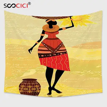 Cutom Goblen Duvar Asılı, Afro Dekor Afrikalı Kadın Elinde bir Pot ile Bohemian Halk Kültürü İllüstrasyon Hardal Scarlet