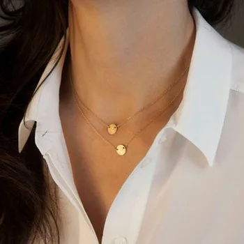 Moda basit mizaç altın çift katmanlı zincir Vintage daire kolye kısa kolye