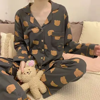 Kadın Pantolon Uygun Baskı Moda Pijama Set XXL Büyük Boy Nightwear Çizgi film Ev Hizmet Uzun Kollu Bahar İpek Pijama 