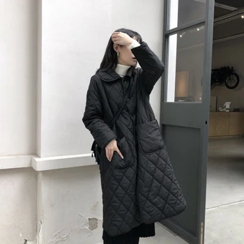 Kış Kadın Uzun Düz Trençkot Eşkenar Dörtgen Desen Rahat Sashes Kadın Ceket Cepler Yaka Şık Giyim
