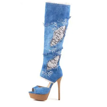Sonbahar Yeni Denim Mavi Platformu Diz yüksek çizmeler Seksi Çiçek Nakış Kesikler Sandal Boots Peep Toe Kot Çizmeler