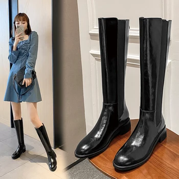 2020 Kış Hakiki Deri Uzun Çizmeler Kadın Ofis Bayan Yuvarlak Ayak Med Topuklu Ayakkabı Kadın Platformu Diz Yüksek Çizmeler Yeni 34-42