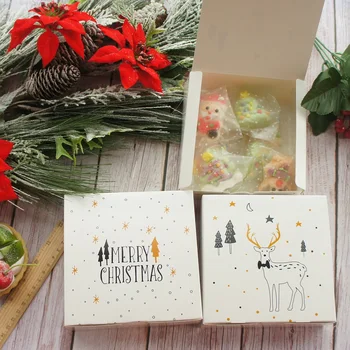 14 * 14 * 5cm 10 adet beyaz Merry Christmas elk tasarım kağit kutu çerez Macaron DIY Noel Partisi iyilik Hediyeler Ambalaj