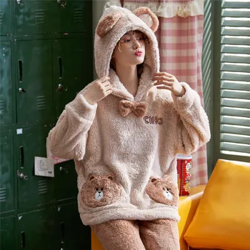 Kadın Kış Pazen Pijama Seti Polar Pijama Pijama Ev Giyim Kalın Sıcak Mercan Kadife Gecelik Takım Elbise Noel Giysileri