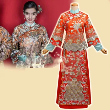 Turuncu Kırmızı Çin Düğün Hanfu Angelababy Huang XiaoMing Çift Kostüm Setleri Cumhuriyet Dönemi Düğün Gelin ve Damat Hanfu