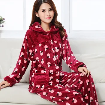 Kızlar Kış sıcak Pijama Kadın Pazen Pijama Yetişkin Mercan Polar Uzun Kollu Gecelik Öğrenciler Rahat Gecelik D-2049
