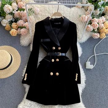 2021 Sonbahar Kış Moda Büyük Boy Vintage Kadınlar Altın Kadife Blazer resmi takım elbiseler Gevşek Bayan Midi uzun Siyah Blazer Dış Giyim 1501