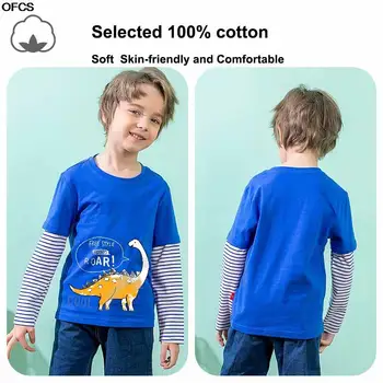 Çocuk uzun kollu tişört 2021 çocuk Giyim çocuğun T-Shirt Sonbahar Sahte İki Uzun Kollu Dinozor Baskılı Üstleri Alt Gömlek