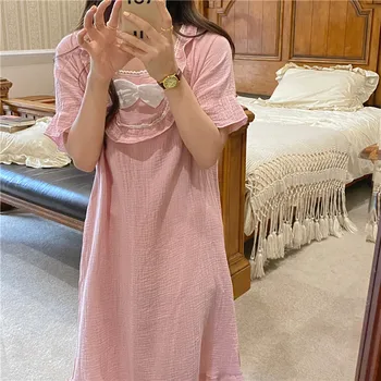 Pembe Yay Kare Yaka Yaz Gecelik Kadın Kore Kısa Kollu Pamuklu Uzun Pijama Gevşek Tatlı Rahat Gecelik Kawaii