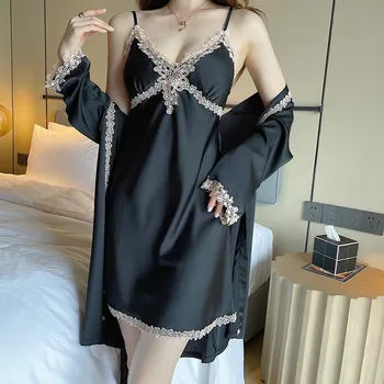 Seksi Dantel Kimono Bornoz Seti Saten Kıyafeti 2 ADET Kadın Gecelik Pijama Rahat Bornoz Elbisesi Yaz Yeni Ev Giyim 3