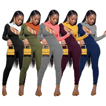 Seksi İki Parçalı Set Sonbahar Kadın Patchwork Renk Fermuar Örme Çukur Çizgili Bodycon pantolon Eşleşen Seti Kadın Streetwear Kıyafetler