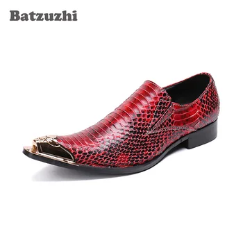 Batzuzhi İnek Derisi Hakiki Deri Elbise Ayakkabı Erkekler Sivri metal kapak Şarap Kırmızı Düğün ve parti ayakkabıları Erkekler için, Büyük Boy US6-13!