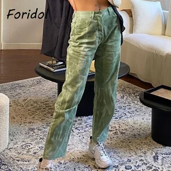 Foridol Kravat boyalı Kot Pantolon Rahat Düz Kot Yeşil Streetwear Pantolon Pantolon Kadın 2021 Harajuku uzun pantolon Alt