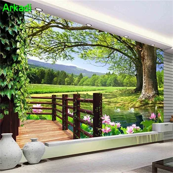 Restoran arka plan duvar kağıdı doğa 3d bahçe peyzaj modern Çin kırsal büyük ağaç lotus TV kanepe oturma odası kanepe duvar 0