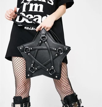 Koyu Gotik Pentagram omuzdan askili çanta Unisex Punk Tasarımcı Casual Tote Kadın Moda Retro Geometri Çanta Hediyeler Kaliteli Deri