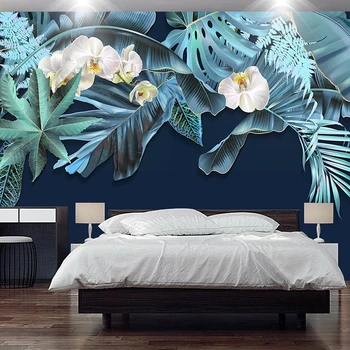 Özel Fotoğraf Duvar Kağıdı 3D Mavi Yaprak Çiçekler Resimleri Modern Basit Oturma Odası TV Yatak Odası Ev Dekor Papel De Parede 3D duvar kağıdı
