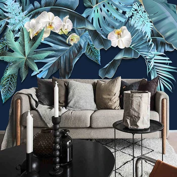 Özel Fotoğraf Duvar Kağıdı 3D Mavi Yaprak Çiçekler Resimleri Modern Basit Oturma Odası TV Yatak Odası Ev Dekor Papel De Parede 3D duvar kağıdı 2