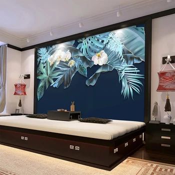 Özel Fotoğraf Duvar Kağıdı 3D Mavi Yaprak Çiçekler Resimleri Modern Basit Oturma Odası TV Yatak Odası Ev Dekor Papel De Parede 3D duvar kağıdı 3