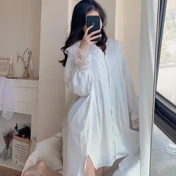 Beyaz Elbise Kadın Dantel Nightie Nakış Şifon Seksi Kıyafeti Ücretsiz Kargo Yaz Ev Giysileri Gecelik Gömlek 3