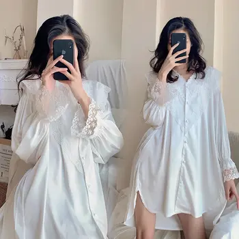 Beyaz Elbise Kadın Dantel Nightie Nakış Şifon Seksi Kıyafeti Ücretsiz Kargo Yaz Ev Giysileri Gecelik Gömlek 5