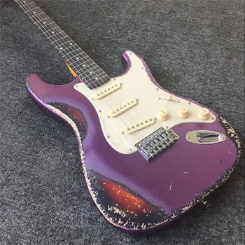 Metalik mor ve sunburst renk kalıntı elektro gitar