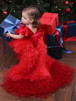 Kırmızı Kabarık Çiçek Kız Elbise Yüksek Düşük Prenses Elbise Çocuklar Düğün Parti Elbise Kız Doğum Günü Balo elbisesi