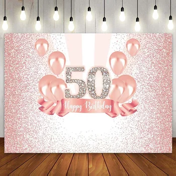 Mutlu 50th Doğum Günü Pembe Gül Altın Çerçeve Parti Zemin duvar afişi fotoğraf kabini Fotoğraf Arka Plan Kadın Balon Elmas