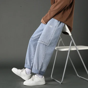 2022 yeni genç erkek kot pantolon erkek gevşek düz hip hop moda kot erkek moda rahat sokak pantolon açık mavi
