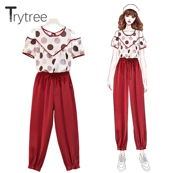 Trytree 2020 Yaz Kadın İki Parçalı Set Rahat O-Boyun Nokta Üstleri + Pantolon harem pantolon Katı Elastik Bel İpli 2 Parça Set