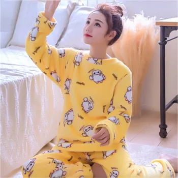 Yeni Sonbahar Flanel Pijama Kalınlaşma Kadın Setleri Pijama Tatlı Kadın Kız Çiçek Baskı Kapalı Giyim Ev Takım Elbise B-5995