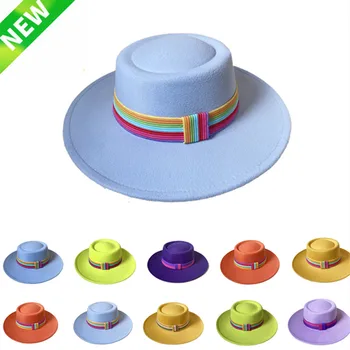 8.5 cm geniş ağızlı renkli Kemer şapka bayanlar zarif retro tarzı İngiliz yün caz şapka sonbahar ve kış düz renk Panama şapka