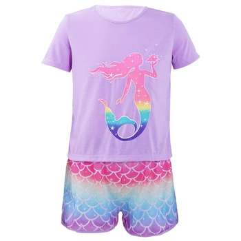 Yaz Pijama Çocuklar Kızlar için Pjs Setleri Kısa Kollu Mermaid Uyku Gece Gömlek Ev Giysileri Büyük Kız Kıyafeti