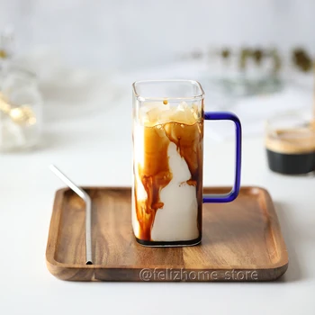 El yapımı Isıya dayanıklı Cam Bardak Drinkware Renkli Saplı ve Kare Ağızlı Kare Bardak Moda Buzlu Kahve Fincanı Mikrodalga 0