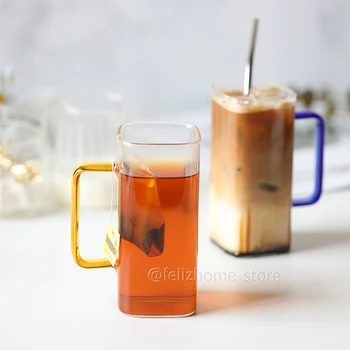 El yapımı Isıya dayanıklı Cam Bardak Drinkware Renkli Saplı ve Kare Ağızlı Kare Bardak Moda Buzlu Kahve Fincanı Mikrodalga 3