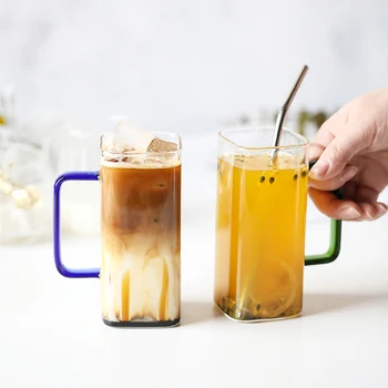 El yapımı Isıya dayanıklı Cam Bardak Drinkware Renkli Saplı ve Kare Ağızlı Kare Bardak Moda Buzlu Kahve Fincanı Mikrodalga 4