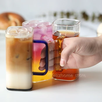 El yapımı Isıya dayanıklı Cam Bardak Drinkware Renkli Saplı ve Kare Ağızlı Kare Bardak Moda Buzlu Kahve Fincanı Mikrodalga 5