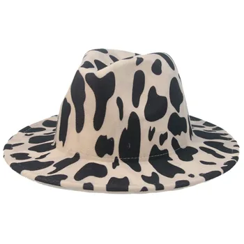 Şapkalar Kadınlar için İnek Baskı Benekli Desen Kadın Fedora şapka Panama Rahat Keçeli Beyaz 2021 Kış kadın Şapka Sombreros De Mujer