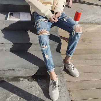 Moda 2020 Yaz hip hop Yırtık delik denim streetwear Kovboy kot erkek İnce Koreli erkek ayak diz kazınmış harem pantolon