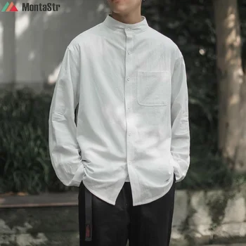 Harajuku erkek Uzun Kollu Gömlek Moda Stand Up Yaka erkek gömleği 2023 Düz Renk Erkek Büyük Boy Bluzlar