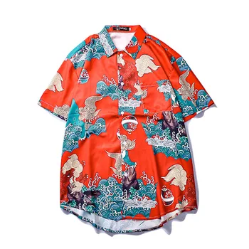 #7155 Plaj Gömlek Erkekler İçin Kısa Kollu Yaka Yaka Hawaii Baskılı Gömlek Yaz Gömlek Adam Japon Tarzı Streetwear Gelgit