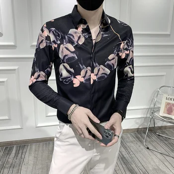 Çiçek Kore 2023 Sonbahar Gömlek Slim Fit Casual Erkek Sosyal Gömlek Uzun Kollu Gece Kulübü Camisa Masculina Lüks Erkekler Çiçek Gömlek