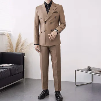 Erkekler 2 ADET Takım Elbise Setleri Slim Fit Kruvaze Vintage resmi kıyafet Ceket Pantolon Beyefendi Iş Rahat Moda Düğün Takımları