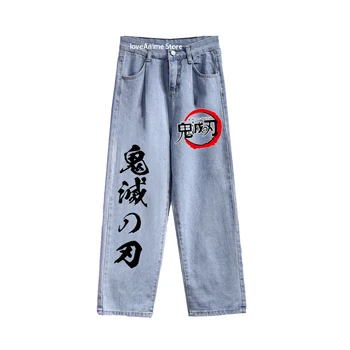 Erkek Kot iblis avcısı Pantolon Harajuku Gevşek Kot Yaz Streetwear Karikatür Y2k Kot Hip Hop Geniş Bacak Pantolon Anime Pantolon