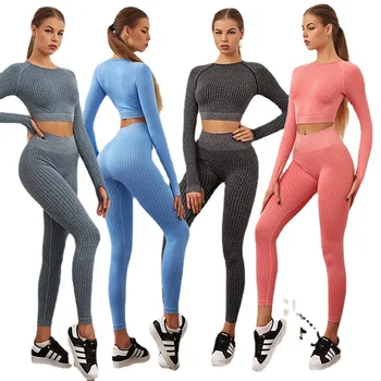 Yeni Dikişsiz Yoga Seti Kadınlar 2 ADET Spor Giyim Aktif Giyim Spor Takım Elbise Uzun Kollu Kırpma Üst Yüksek Bel Elastik Tayt 1